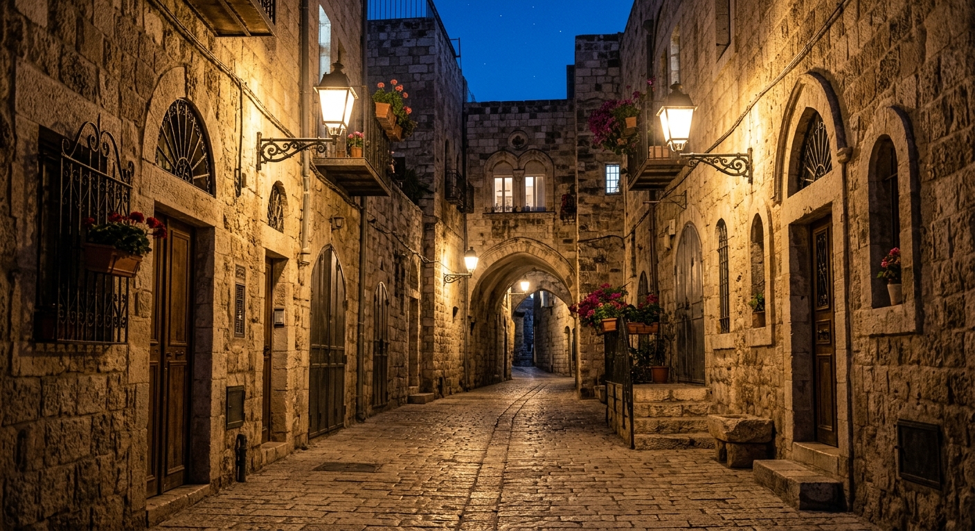 סמטת אבן ציורית בעיר העתיקה בשעות הלילה, מוארת בפנסי רחוב בעיצוב עתיק המטילים אור חם על מבני האבן, הקשתות ואדניות הפרחים.